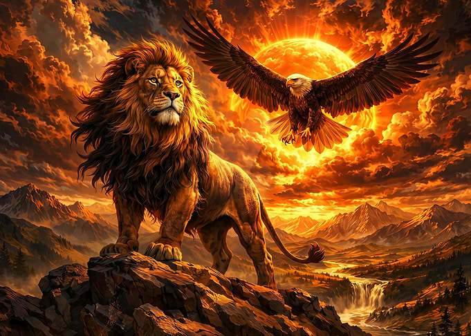 Lion and Eagle at Sunset
