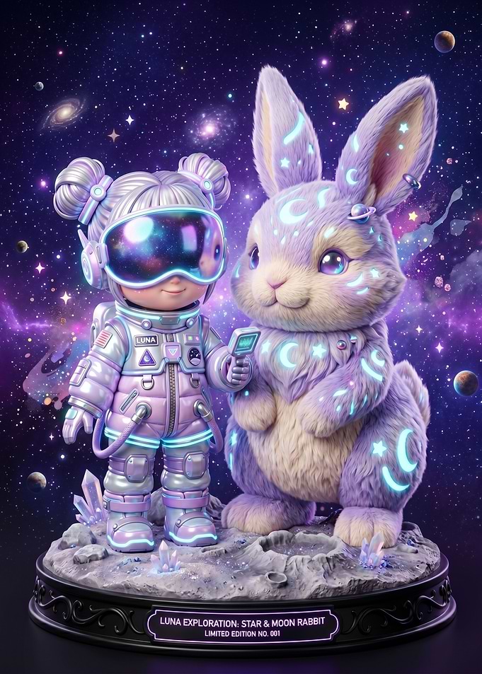 Astronaut Girl and Moon Rabbit in Space