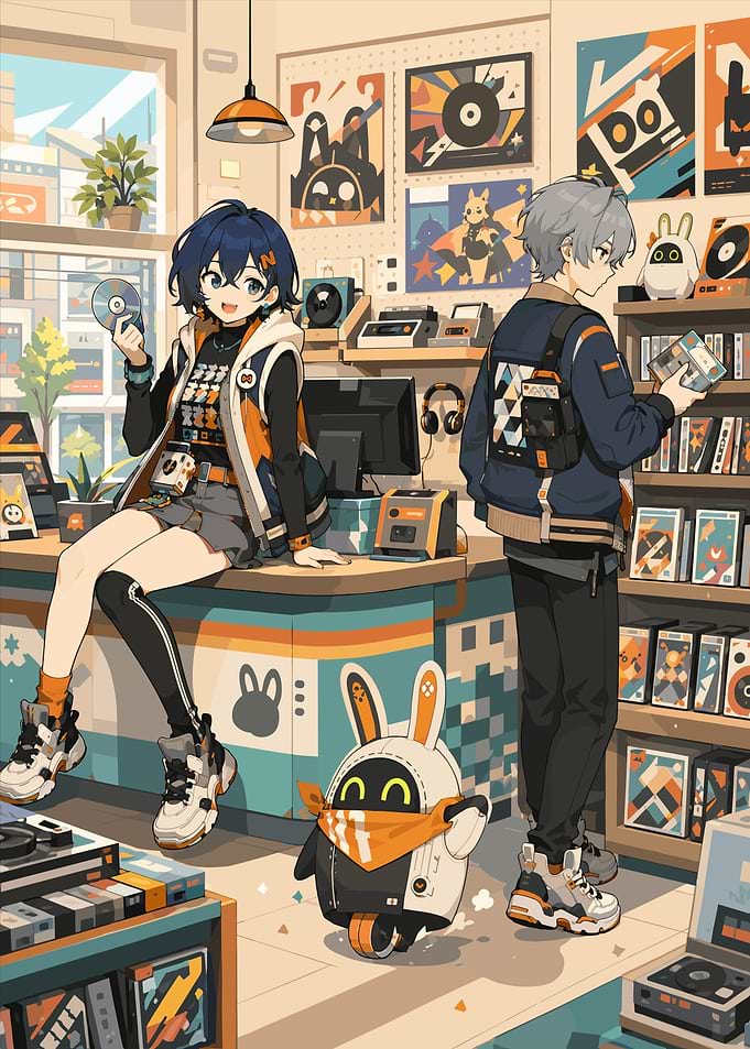 Anime characters in a record store