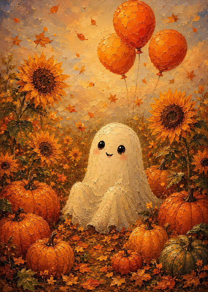 Cute Ghost with Pumpkins and Sunflowers