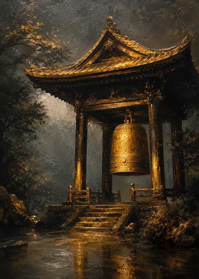 Golden Bell Pavilion in Misty Forest
