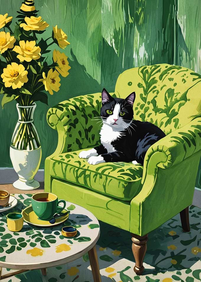 Tuxedo Cat in a Green Armchair