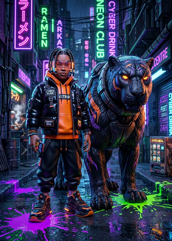 Cyberpunk Kid with Panther Companion