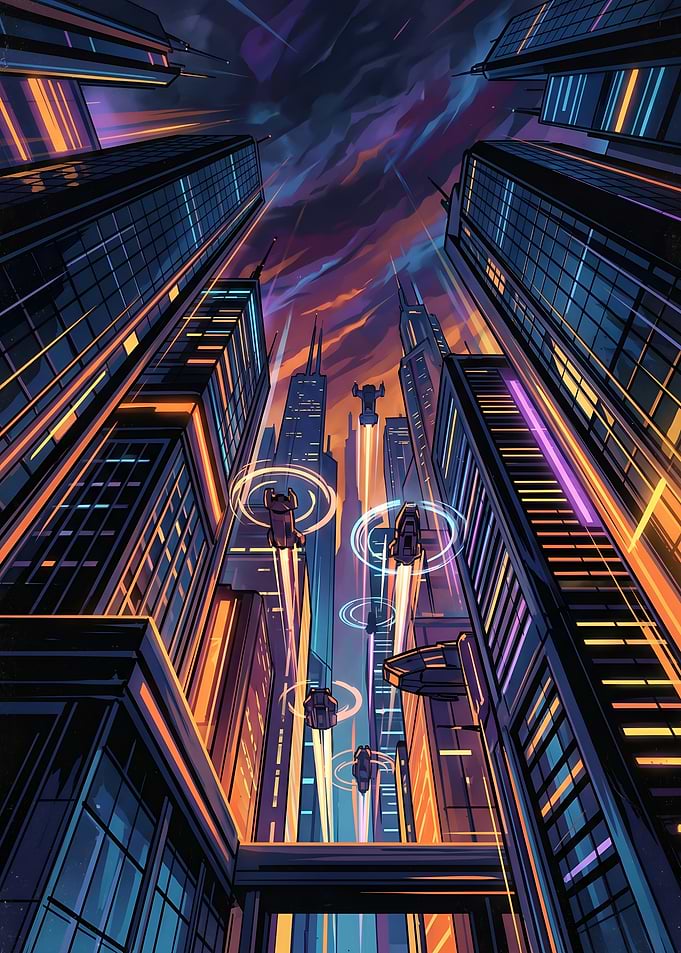 Futuristic Cyberpunk City with Flying Cars Poster