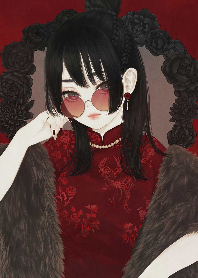 Anime Girl in Red Cheongsam with Fur