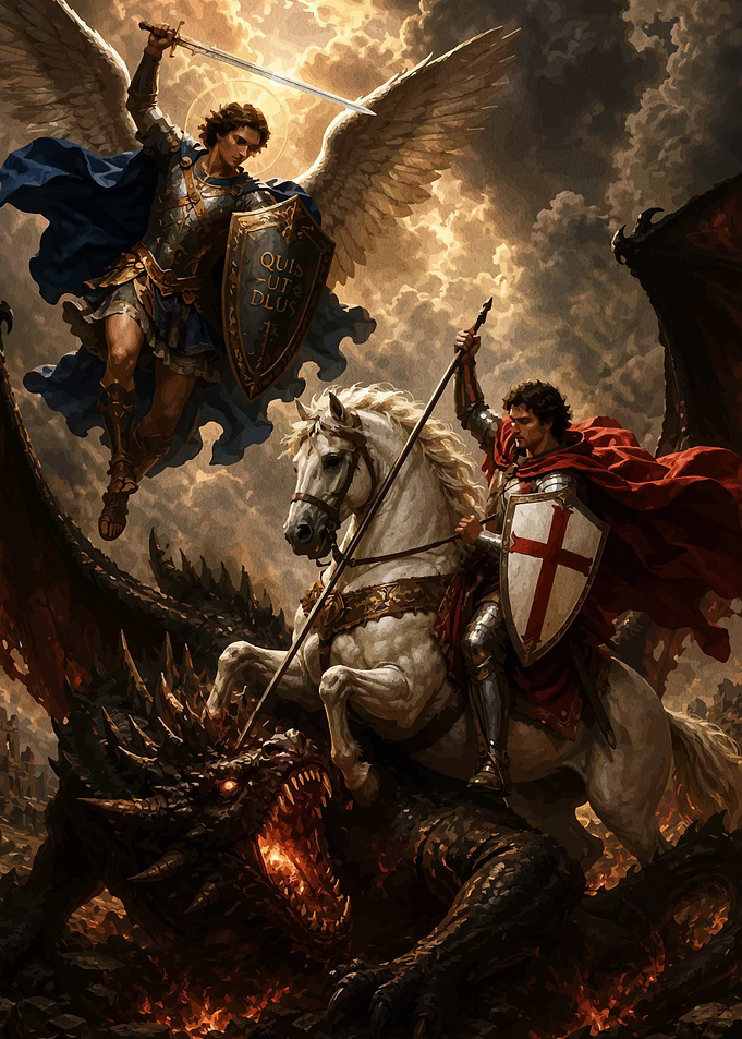 Archangel Michael and Saint George fighting dragon