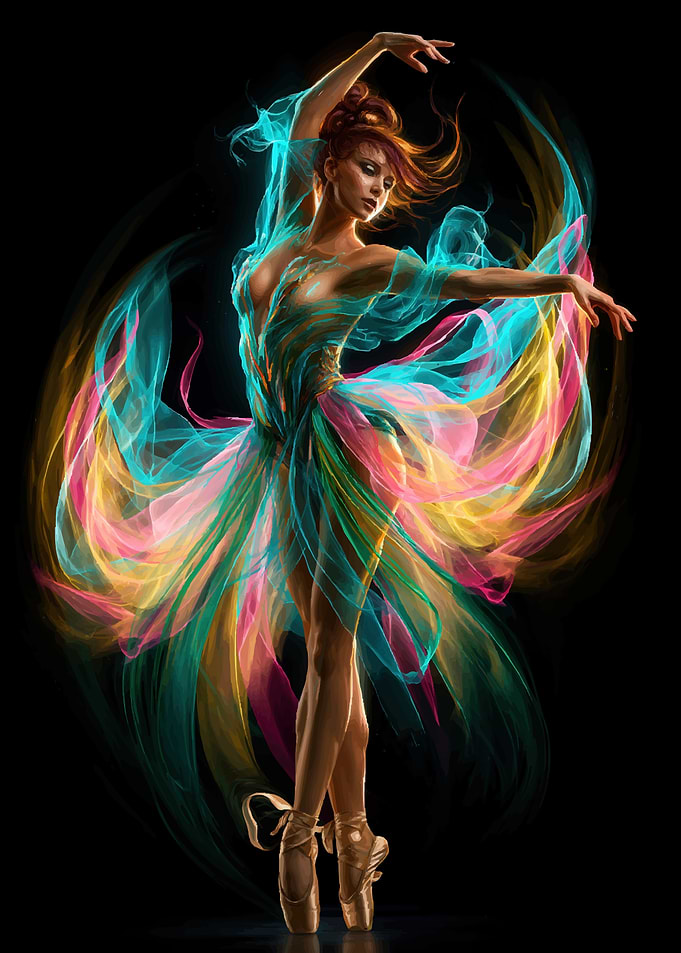 Ballerina in Flowing Colorful Fabric