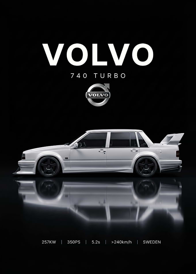 sleek Modified Volvo 740 Turbo white car poster