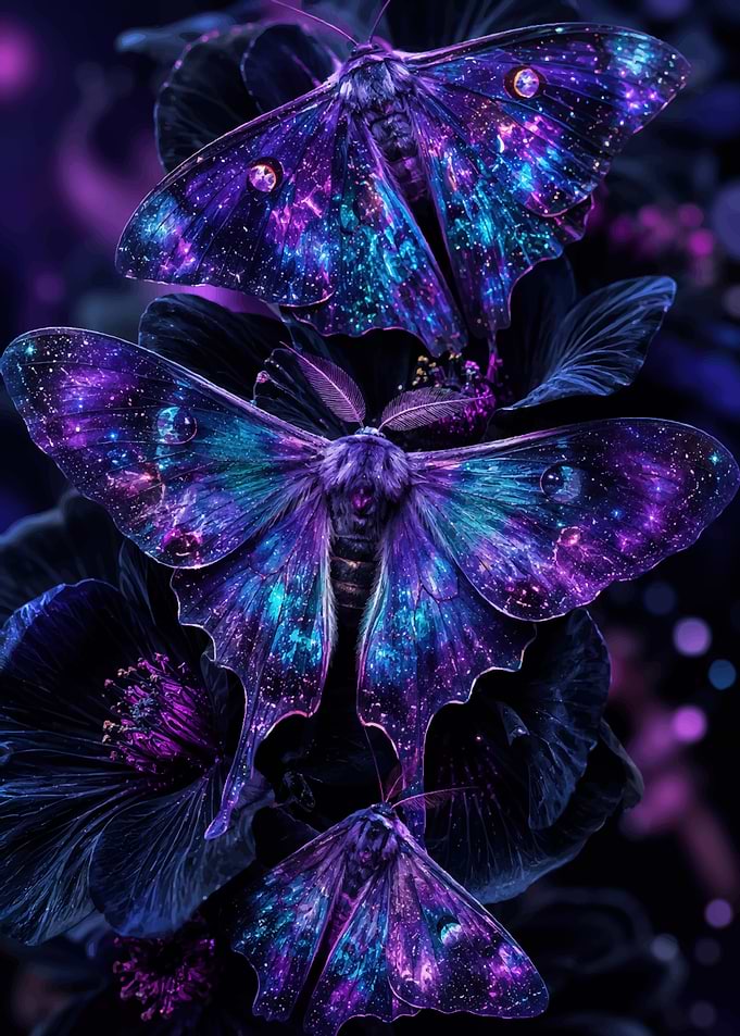 Galaxy Moths on Dark Flowers