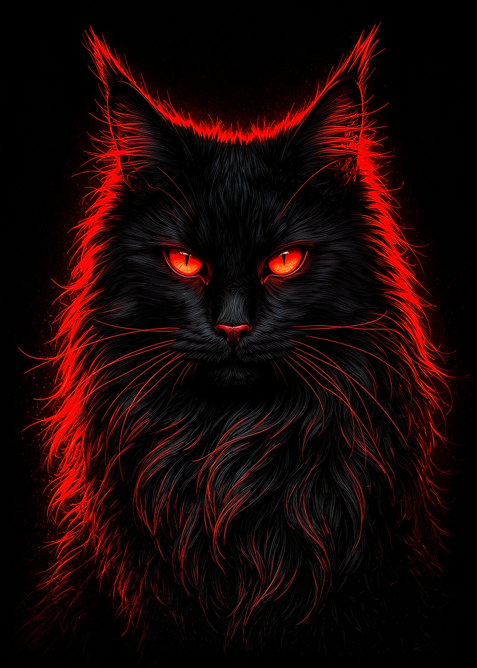 Black Maine Coon Cat with Glowing Red Eyes