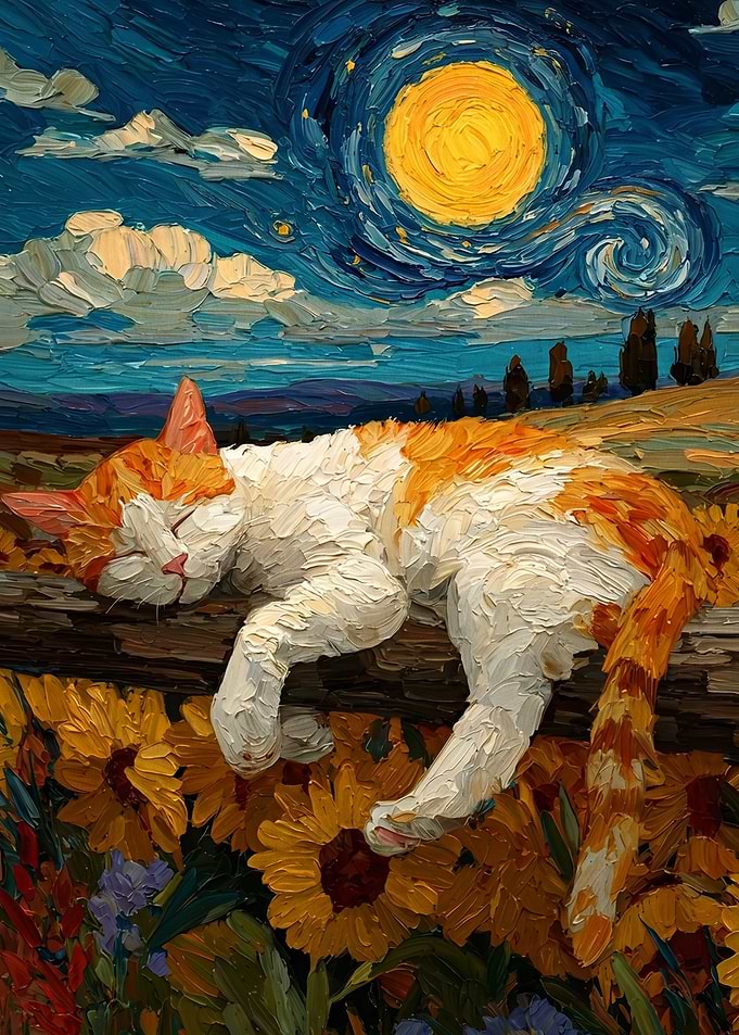 Cat Sleeping in Sunflowers under Starry Sky