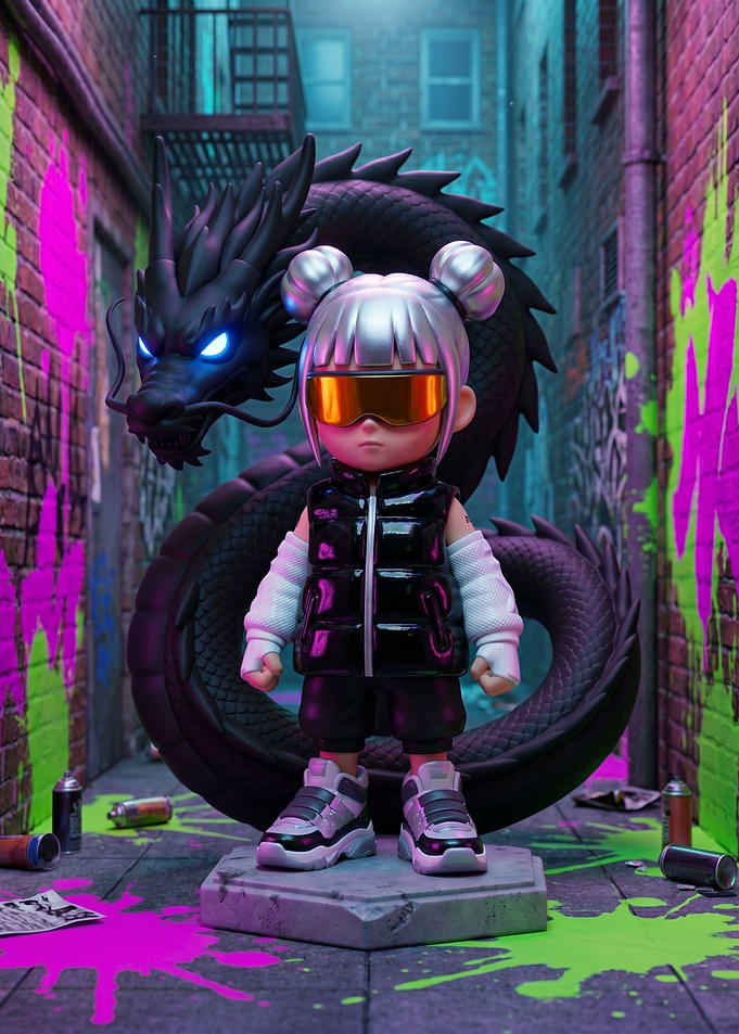 Cyberpunk Dragon and Character in Alley
