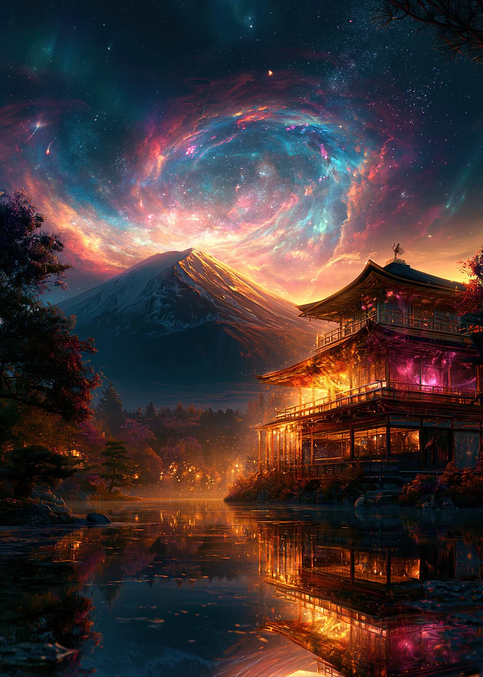Enchanted Japanese Temple Under Cosmic Sky
