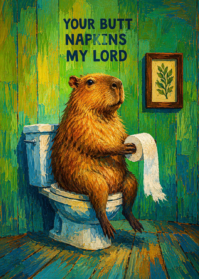 Capybara on Toilet with Toilet Paper