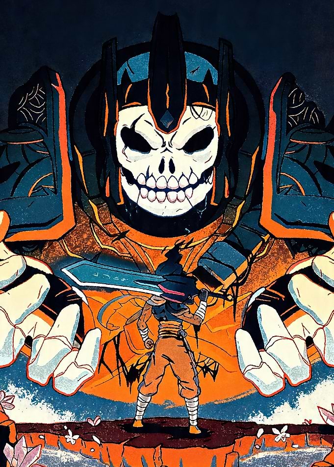 Warrior facing a giant skull robot