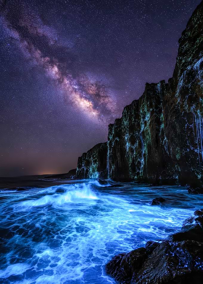 Bioluminescent Waves Under the Milky Way