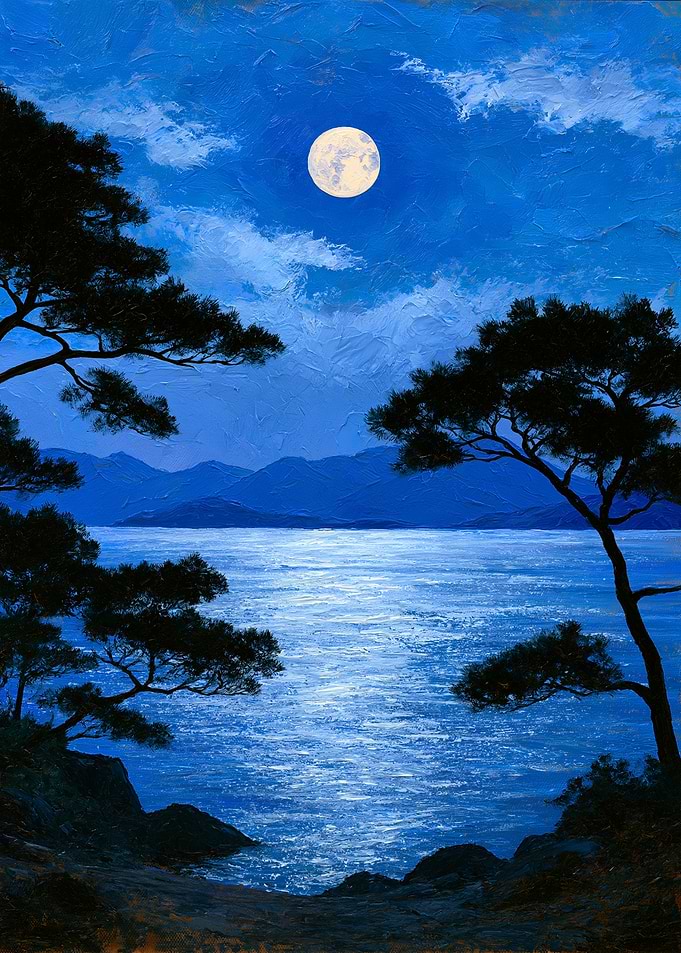Moonlit Seascape with Pine Trees