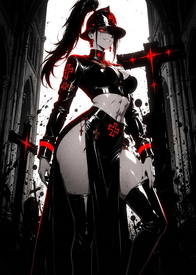 Gothic Anime Nun with Red Crosses