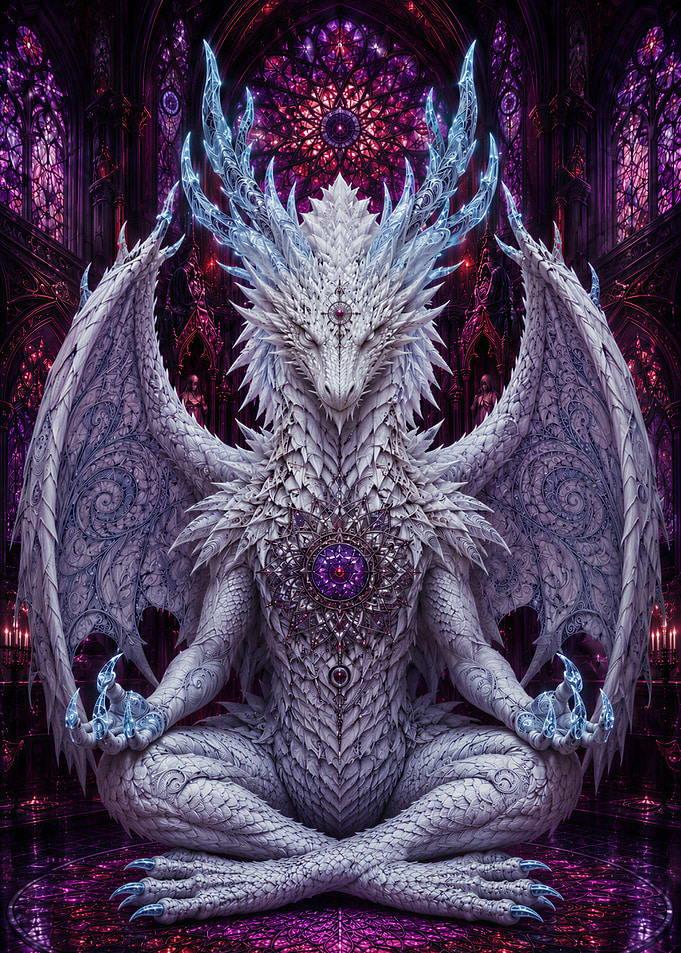 Meditating White Dragon in Gothic Cathedral