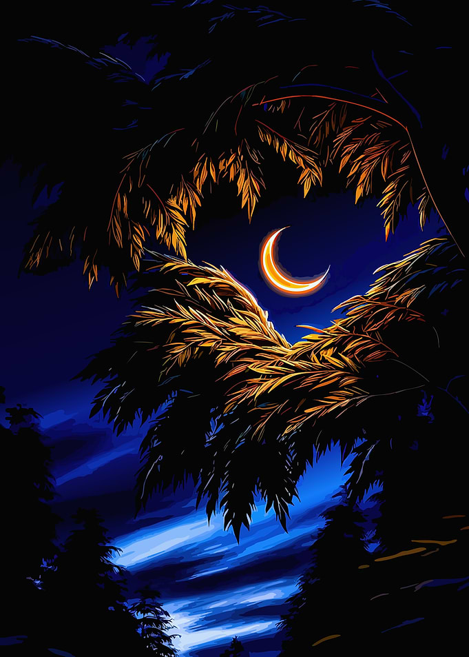 Crescent Moon Through Foliage