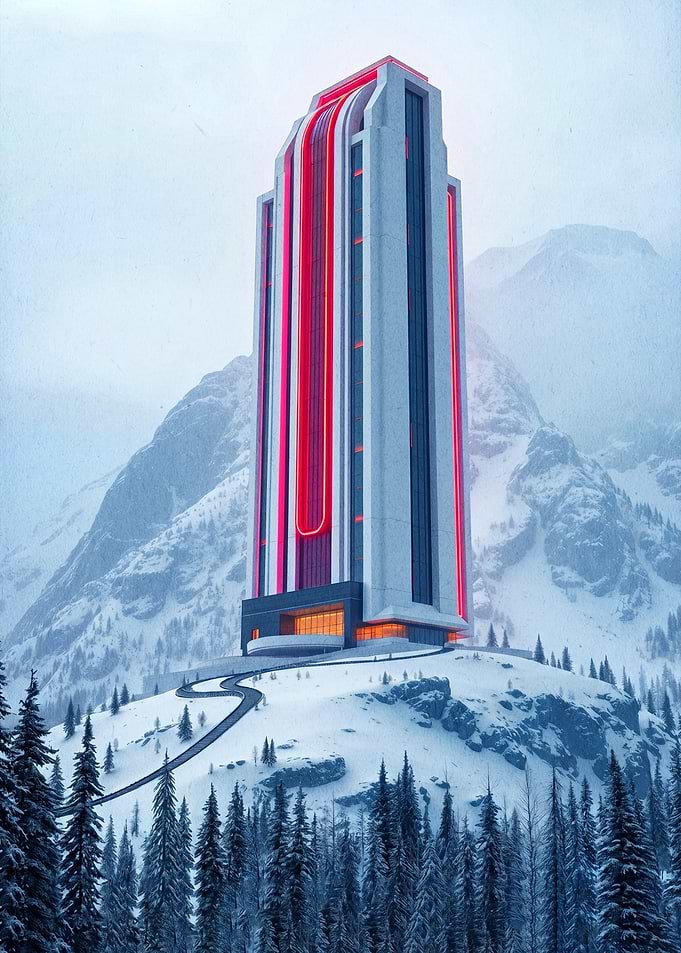 Futuristic Skyscraper in Snowy Mountains