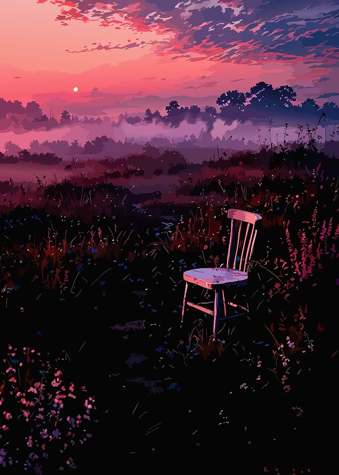 Lonely chair in a sunset field