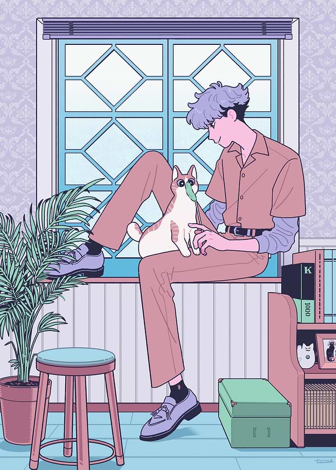 Young man with cat by the window