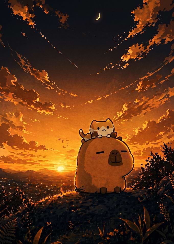 Capybara and Cat Sunset