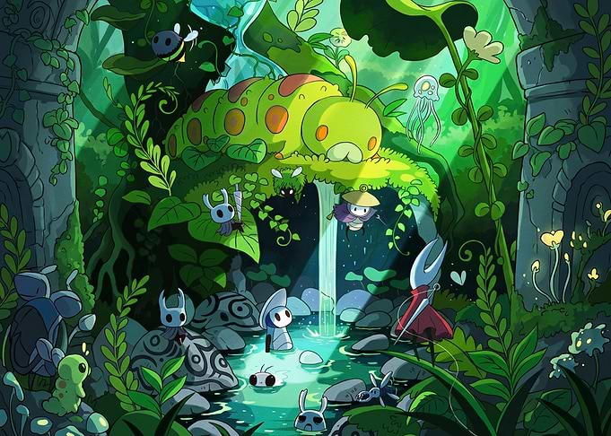 Hollow Knight characters in a lush forest