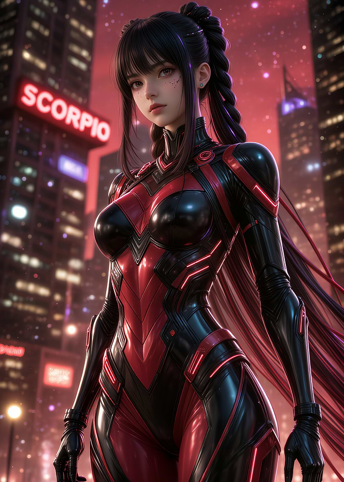 Cyberpunk Zodiac Scorpio Woman in Red and Black Suit