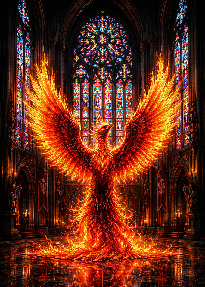 Fiery Phoenix in Gothic Cathedral