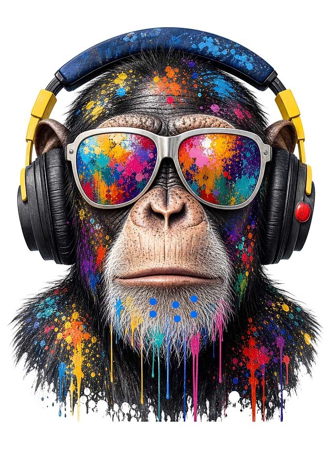 Chimpanzee DJ with Colorful Paint Splatter