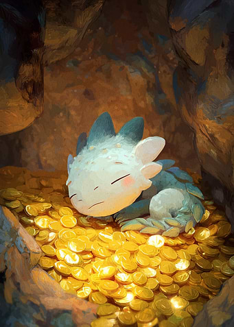 Baby Dragon Sleeping on Gold Coins