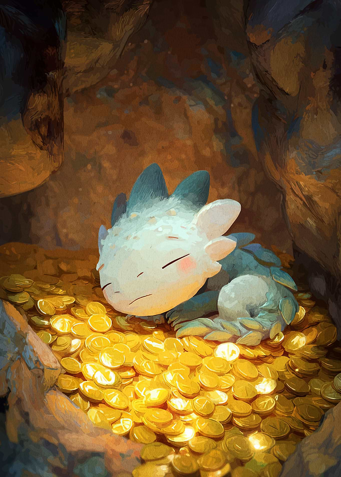 Baby Dragon Sleeping on Gold Coins