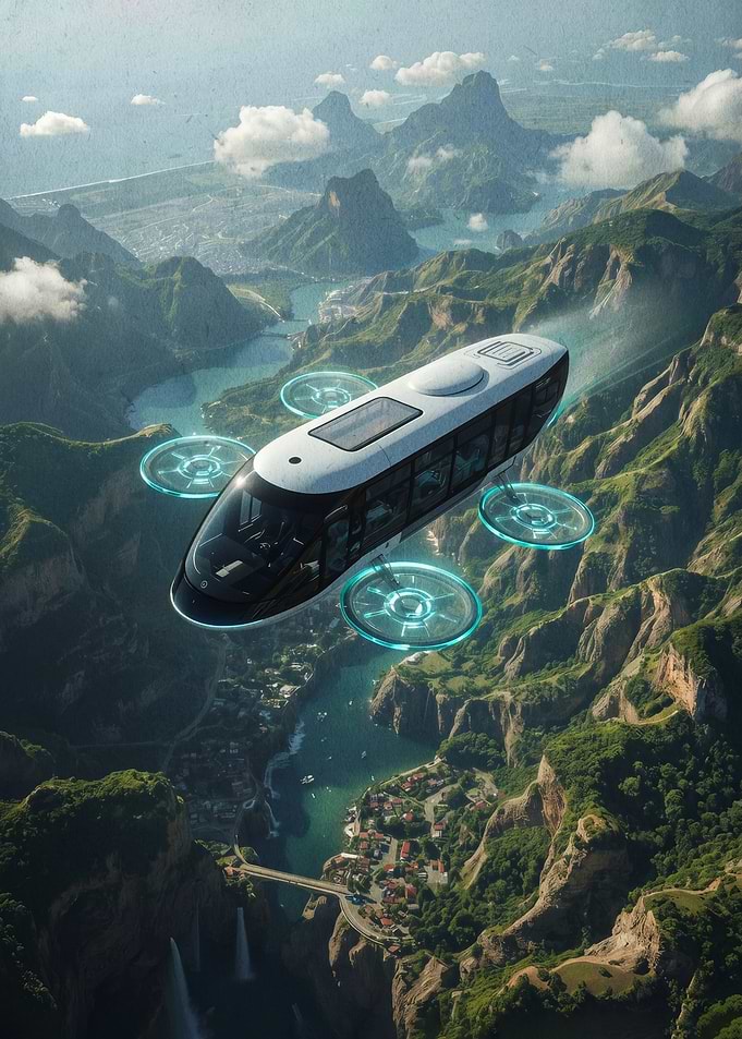 Futuristic Drone Bus Over Mountains