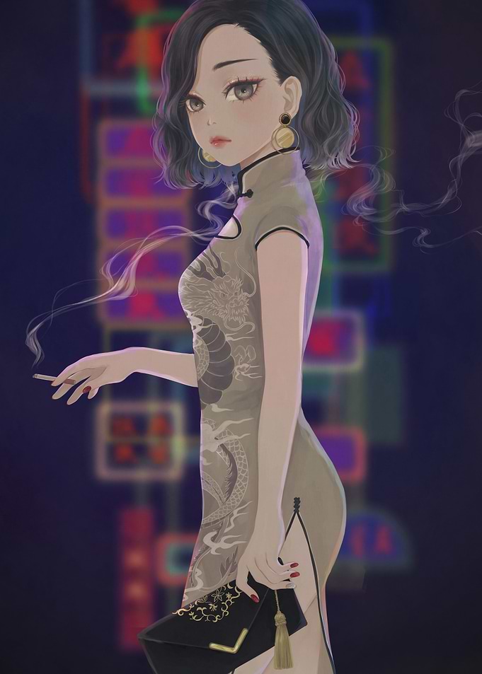 Woman in Cheongsam Smoking