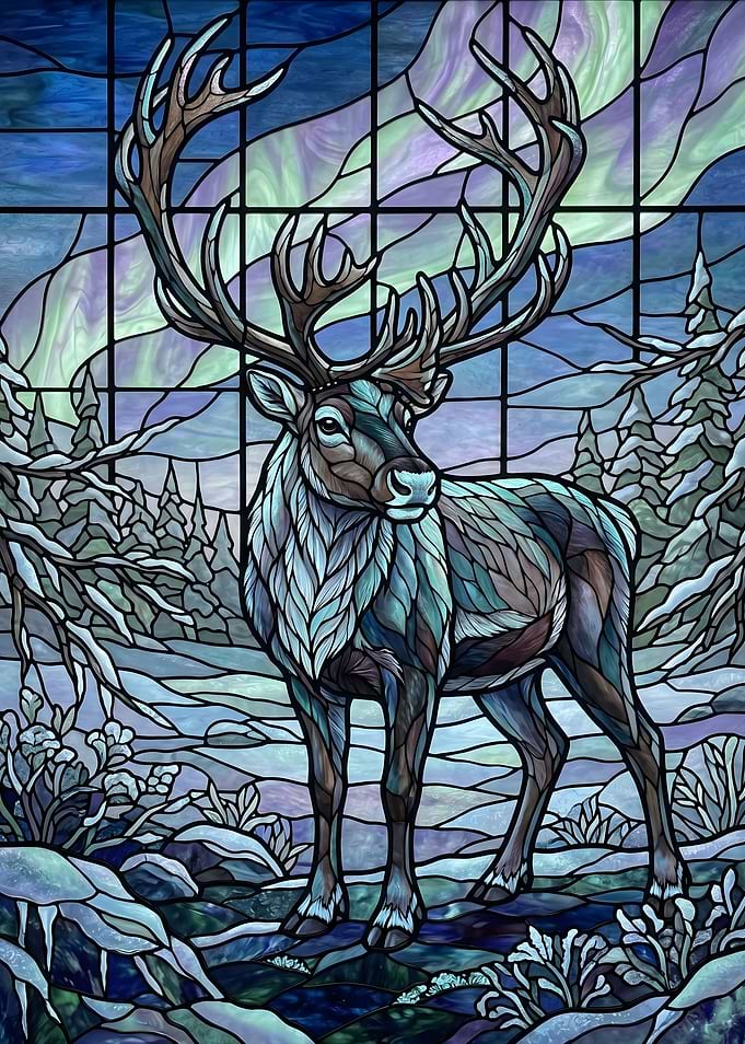 Stained Glass Reindeer in Aurora