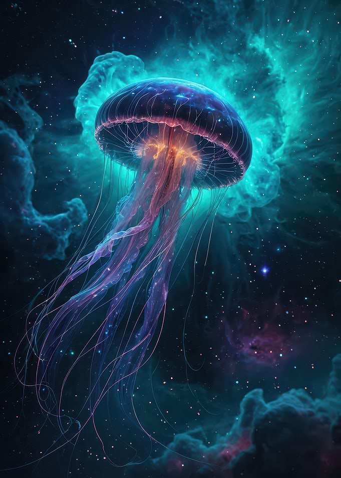 Luminescent Nebula Jellyfish — Neon Cosmic Sea Creature Digital Art