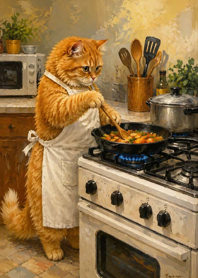 Cat Chef Cooking in Kitchen