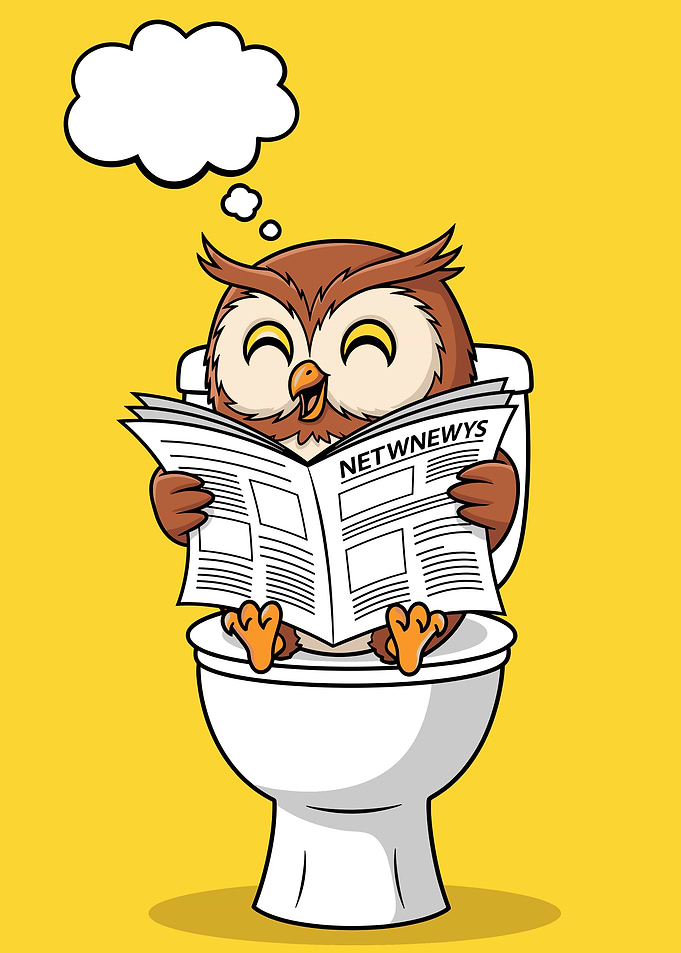 Owl reading newspaper on toilet