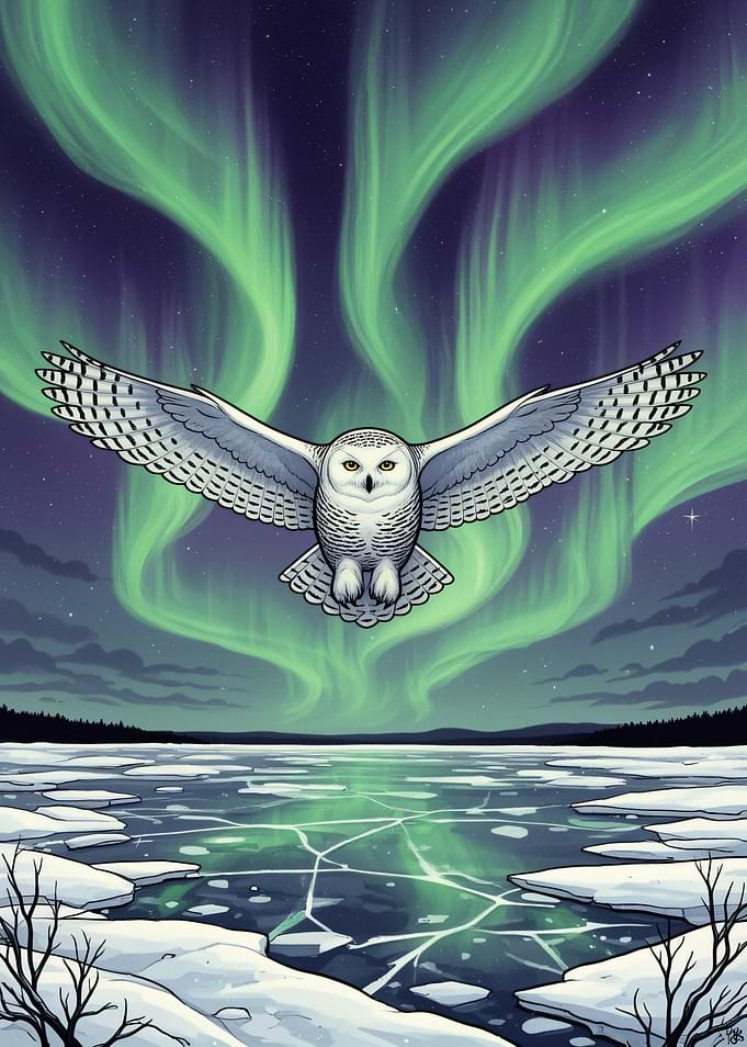 Snowy Owl Flying Under Aurora Borealis