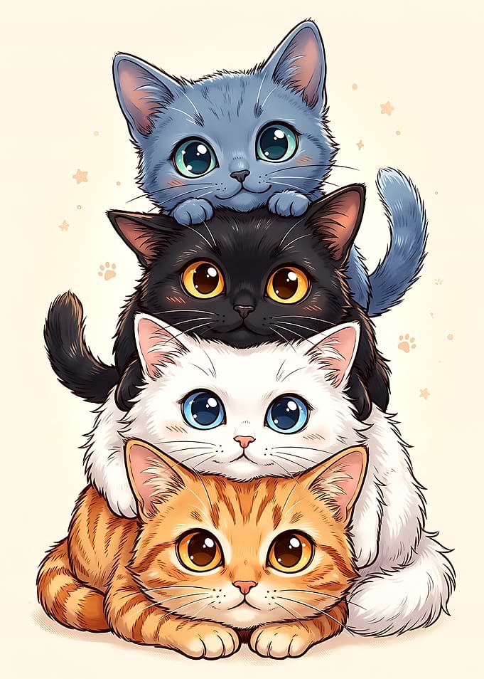 Stack of Cute Cartoon Cats Cats Stacked Poster — Cute Cat Wall Art