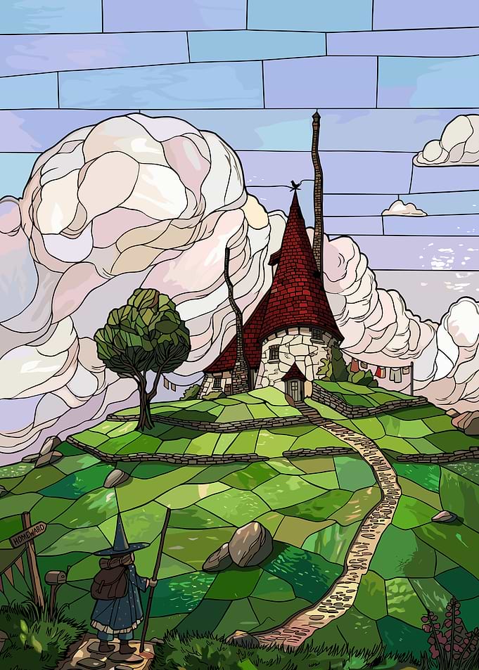 Wizard walking towards a whimsical cottage