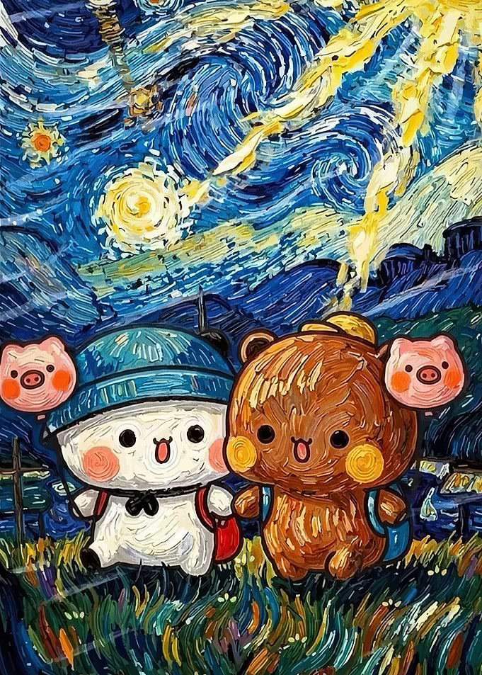 Cute Characters in Starry Night Style