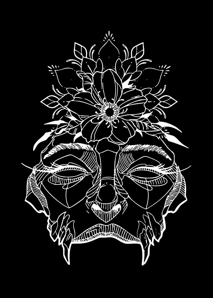 White Line Art Face with Flowers