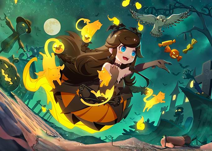 Halloween Girl with Pumpkin Dress and Cats