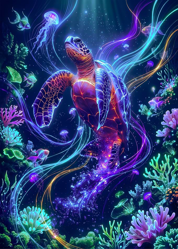 Mystical Sea Turtle in Bioluminescent Ocean