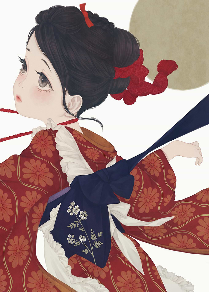 Girl in Red Kimono with Blue Obi