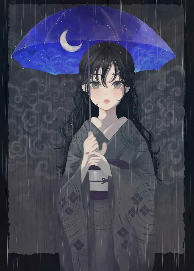 Girl with Umbrella in Rain
