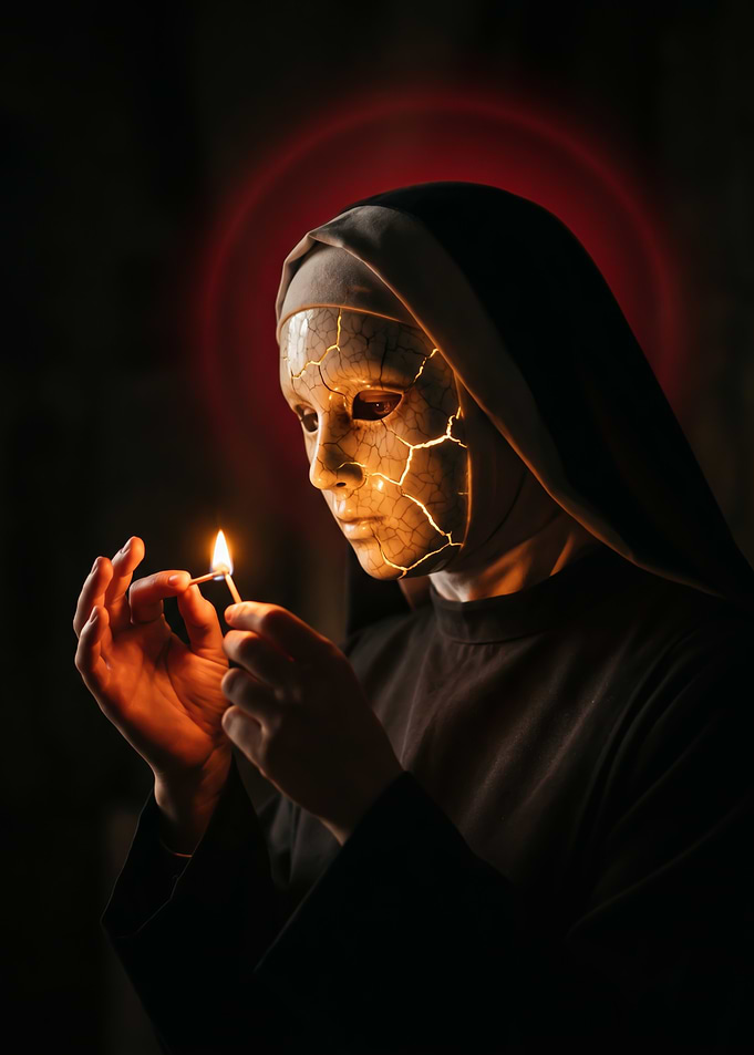 Nun with Cracked Mask and Burning Match